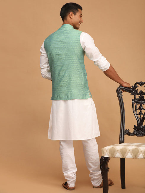 Vastramay Men's Green Jacquard Nehru Jacket with Kurta Pyjama Set